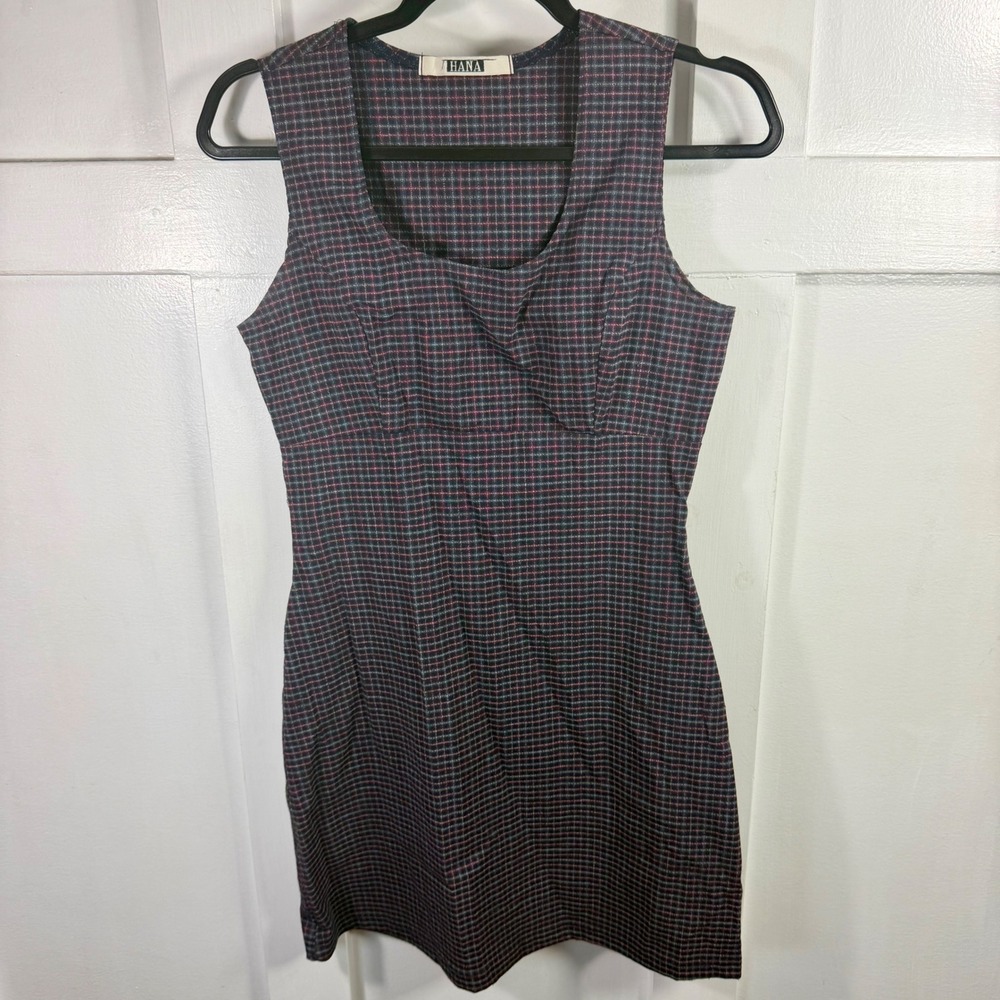 Hana Plaid Square Neck Sleeveless Mini Dress Navy Red Grey 90s Y2K Style Sheath